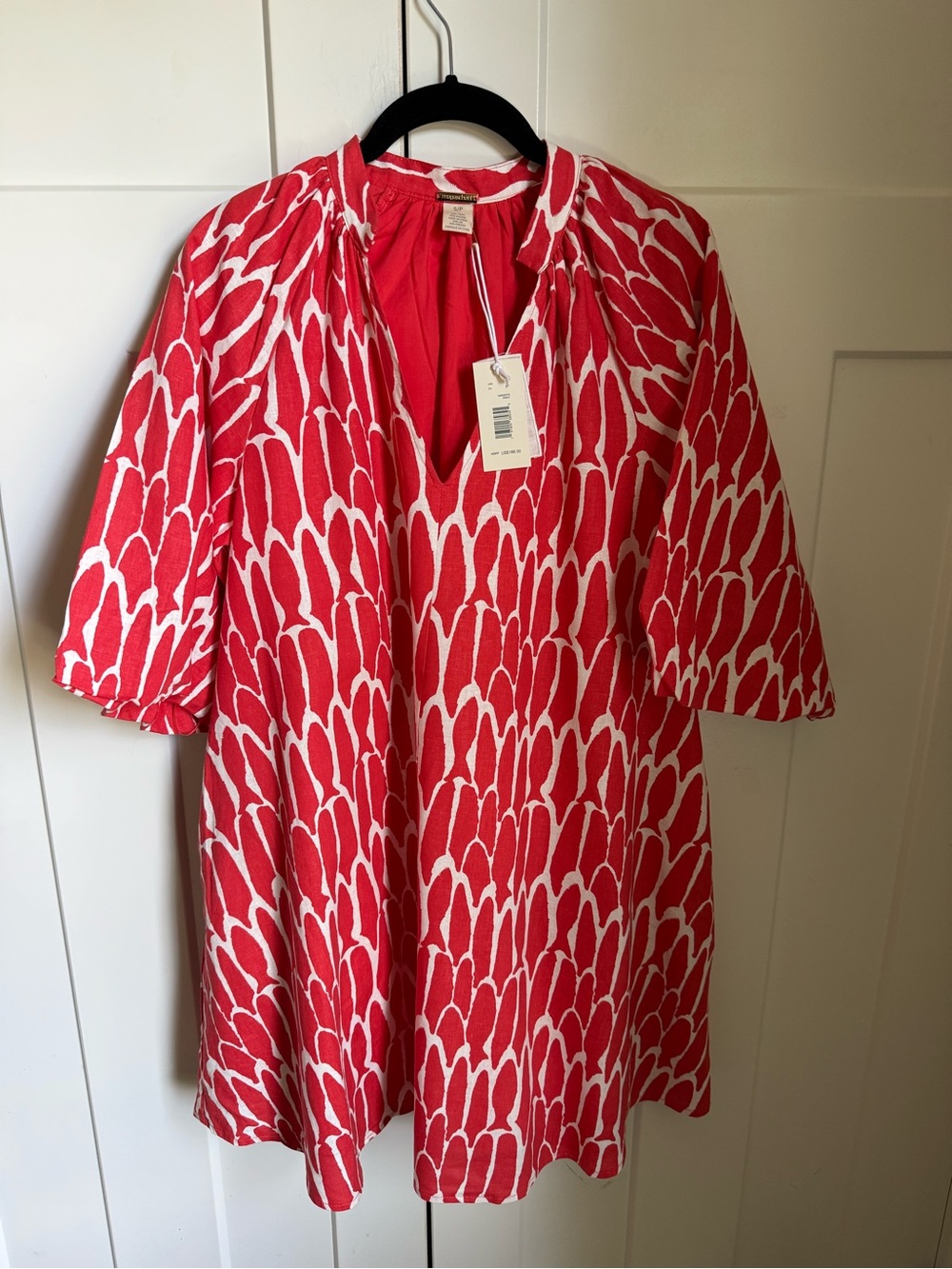 NWT Magaschoni Red and White Fish Printed V-Neck Dress in a linen blend fabric.